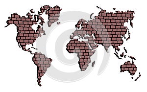 Map of the world of bricks on a white wall.